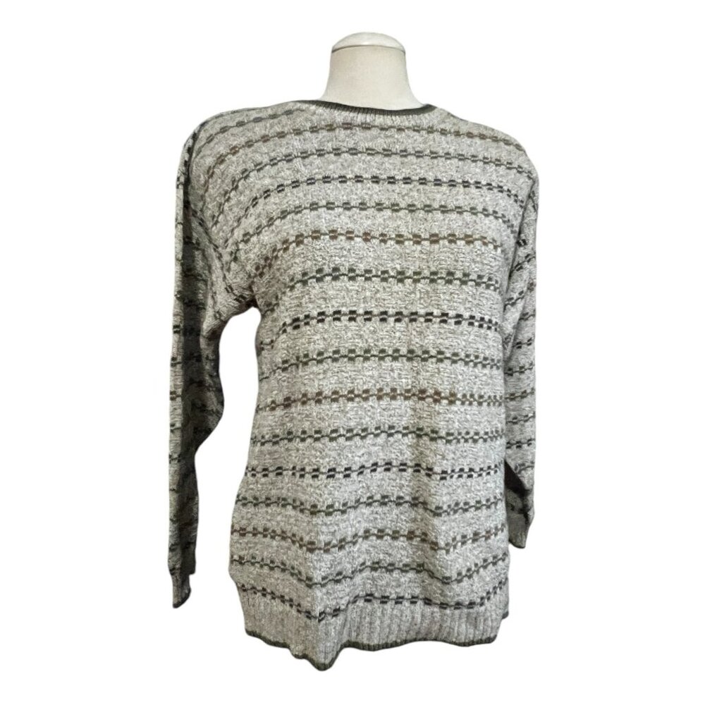 Vintage 1990's Abstract Long Sleeve Knit Sweater Sz Medium Mens Beige Green
